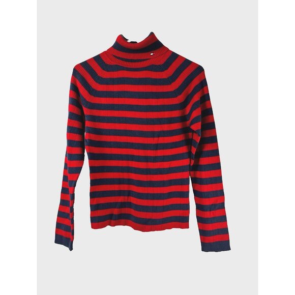 VTG Y2K Tommy Hilfiger Red Navy Striped Ribbed Turtleneck Iconic Sweater 90s Fit - Picture 1 of 6